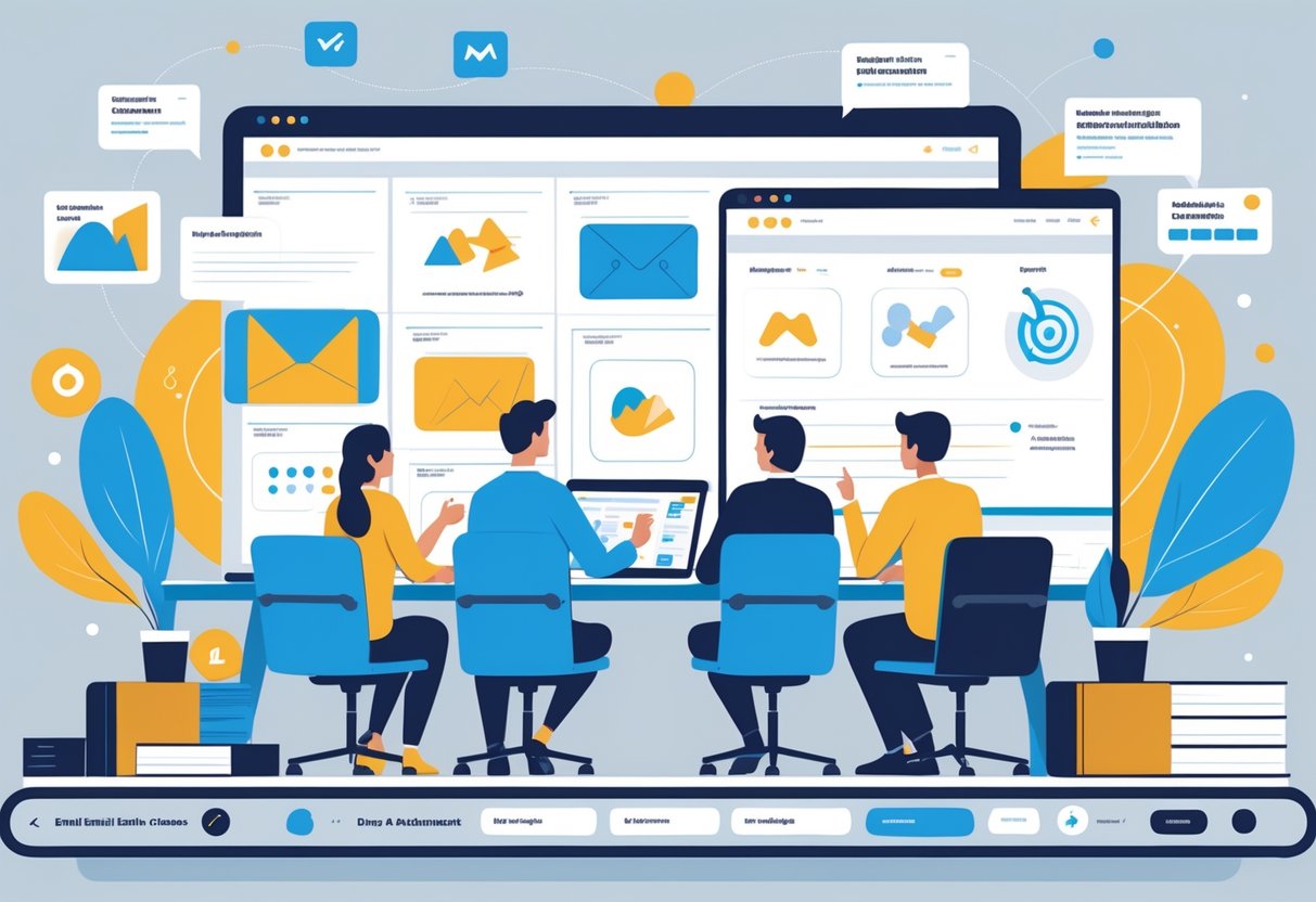 A group of people working together in an office, looking at digital devices showing matching animated graphics for marketing.