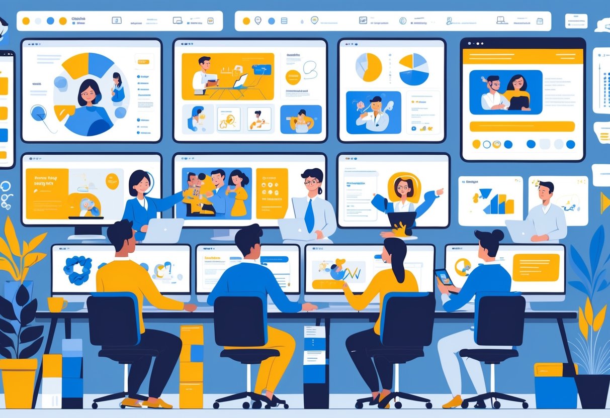 A team of creative professionals working together on digital screens showing consistent animated marketing materials across different devices.