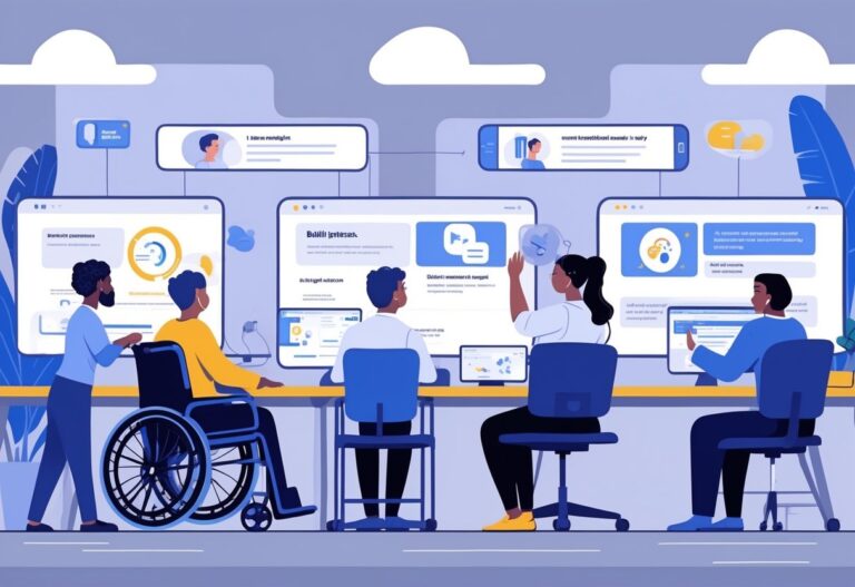 A group of diverse people with different disabilities using accessible animated digital content in a modern office setting.