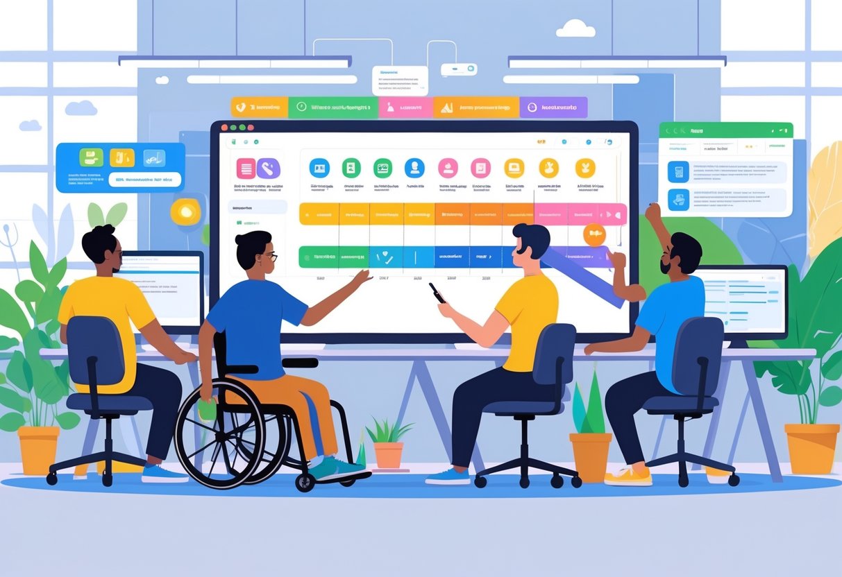 A diverse group of animators collaborating in an office, working on animation accessibility features using assistive technology and digital tools.
