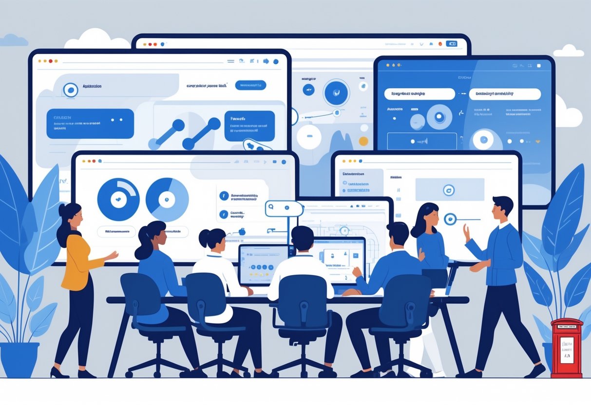 A group of people working together in an office with screens showing accessible animated user interfaces and UK-themed background elements.