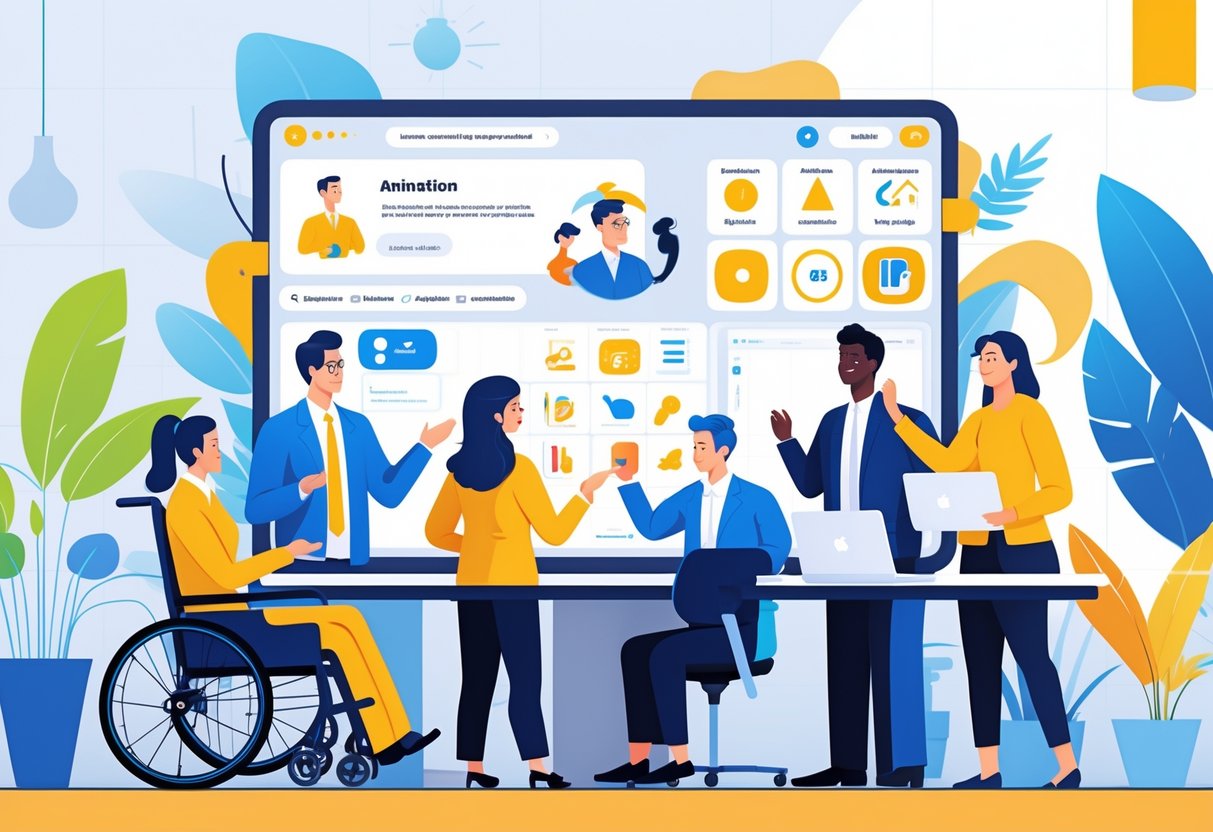 A group of diverse business professionals working together around a digital table showing animation tools and accessibility features in a modern office.