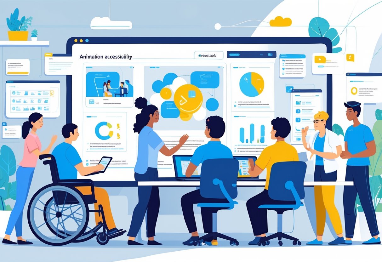 A diverse group of people in a modern office collaborating around a digital screen showing animated graphics, with visible accessibility aids and assistive technology devices.