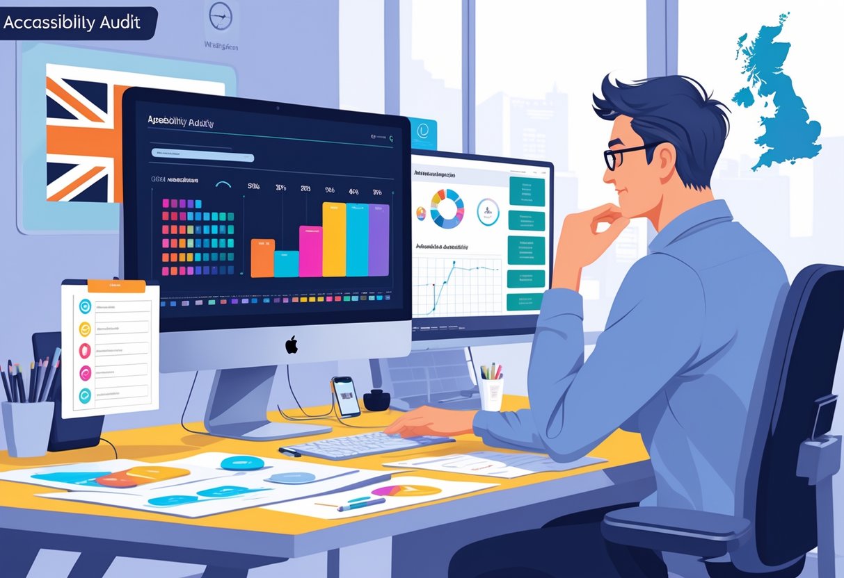 A person at a desk reviewing animation accessibility tools on a computer, with UK-themed elements in the background.