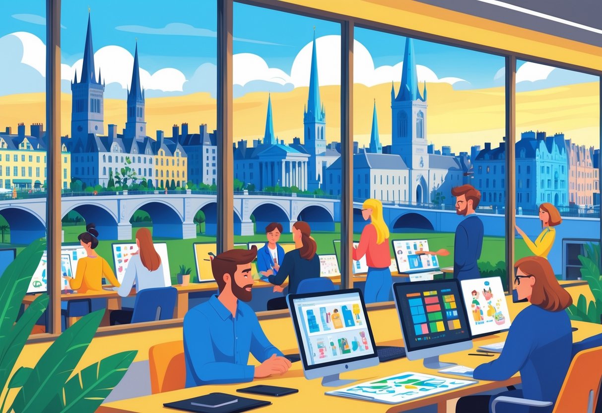 View of Dublin city with famous landmarks and an animation studio where people are working on animation projects.