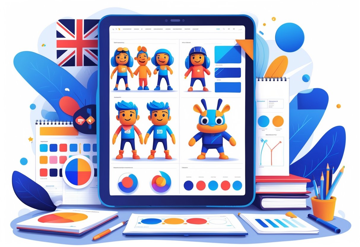 A creative workspace showing a digital screen with 2D character designs and animation frames, surrounded by design tools and UK-themed elements.