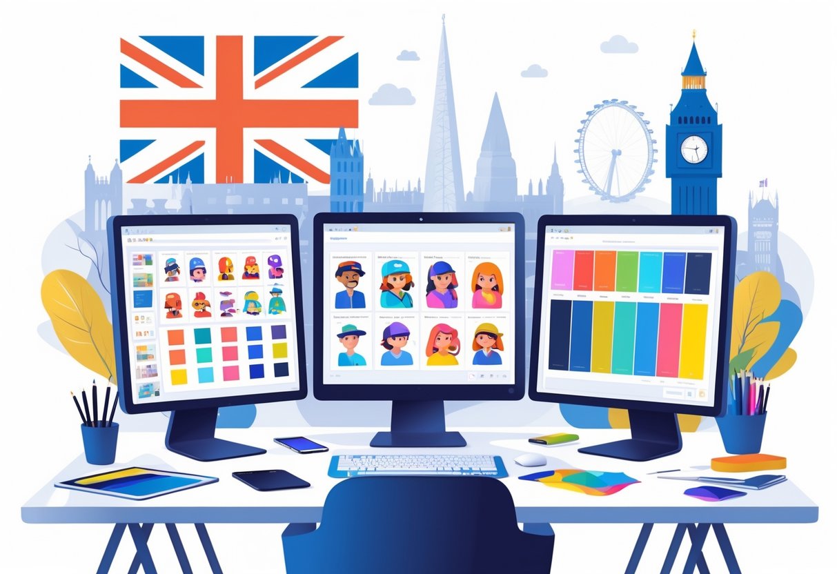 A creative workspace with computer screens showing animation frames and design materials, set against a background with subtle UK-themed elements.