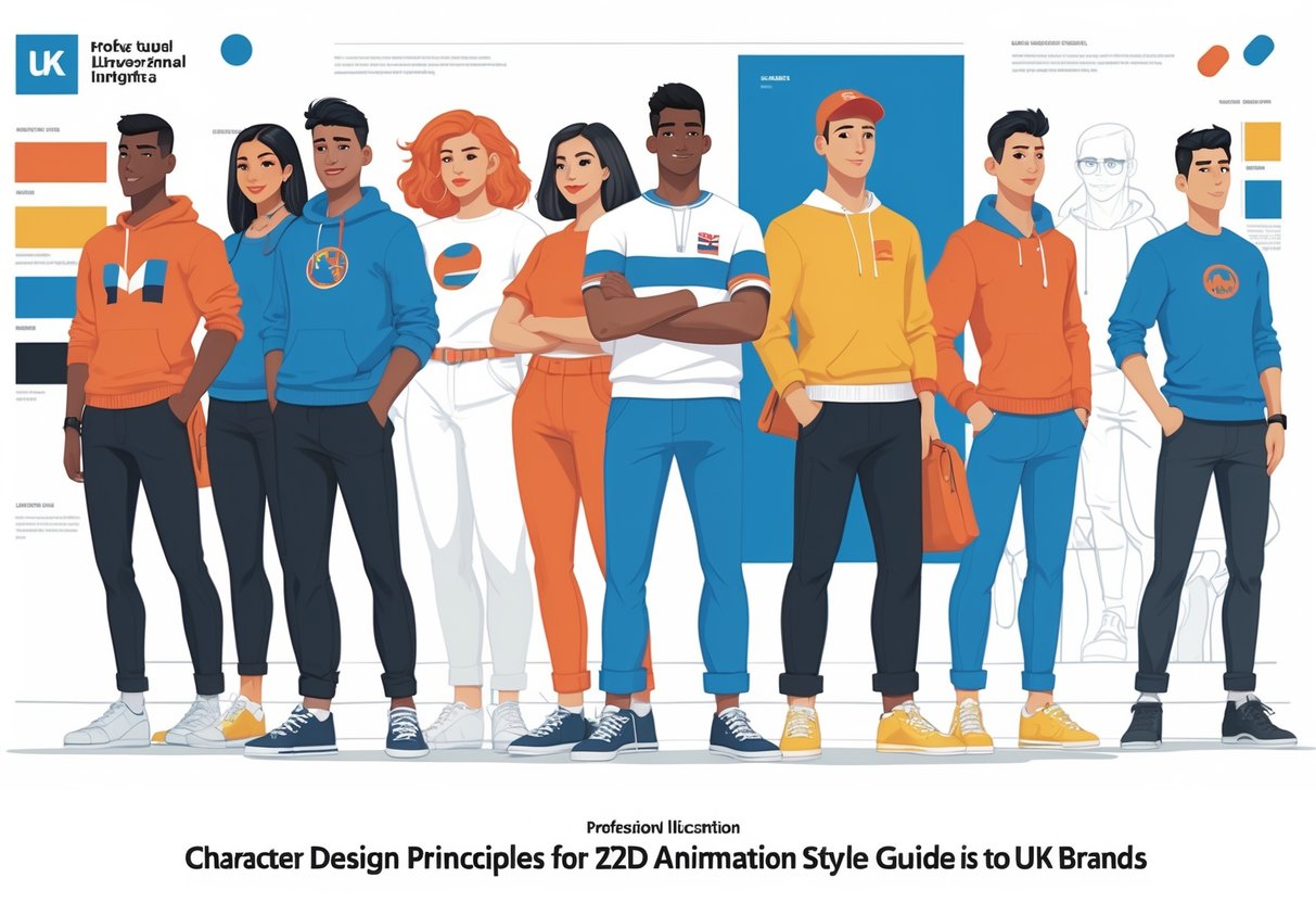 A group of diverse characters in different poses showcasing character design principles in a creative workspace.