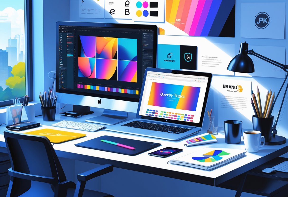 A workspace with digital devices and design tools used for creating 2D animation style guides for UK brands.