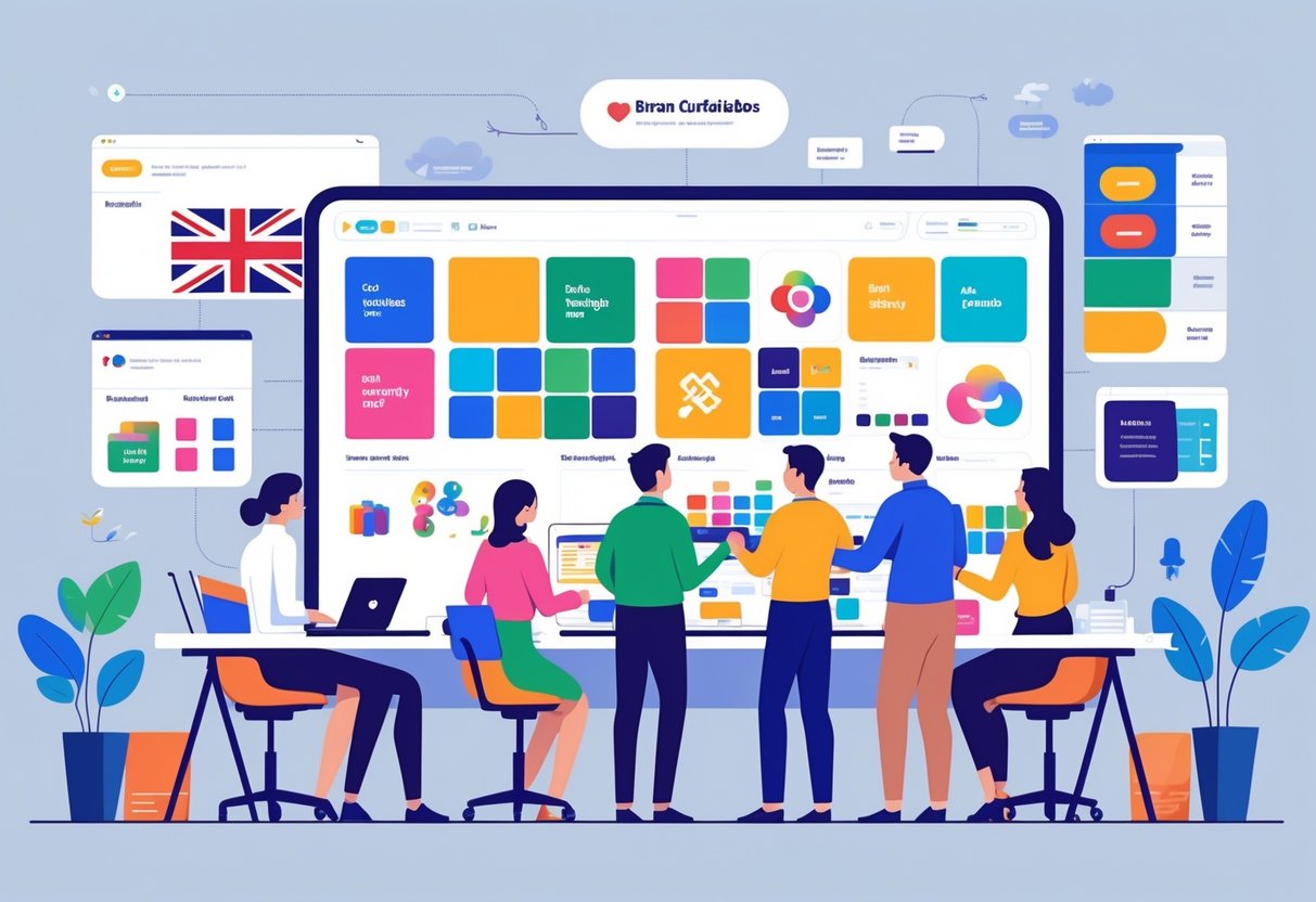 A group of people working together in an office, reviewing brand design elements on a large screen with laptops and design tools around them.