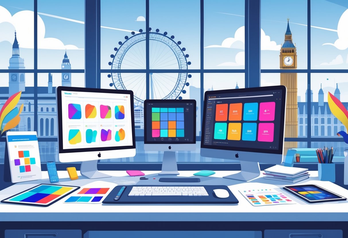 A creative workspace with computer screens showing animation frames, design tools on a desk, and a city view featuring UK landmarks.