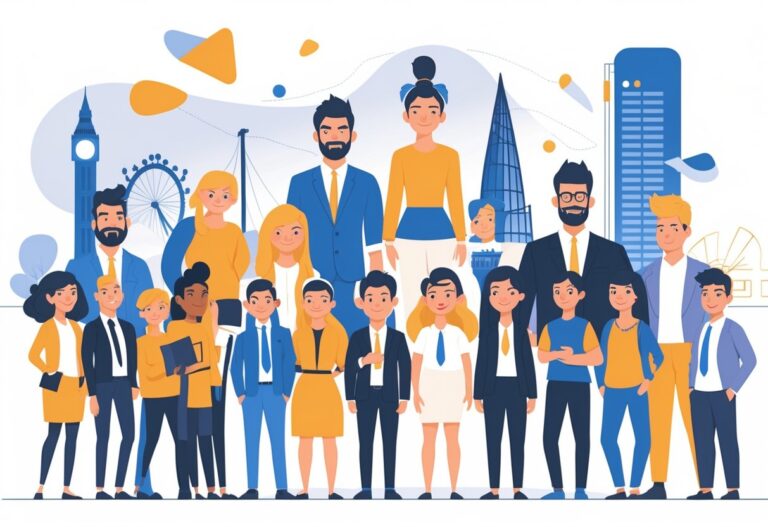 A group of diverse animated characters representing different animation styles for brand identity with subtle UK cultural elements in the background.