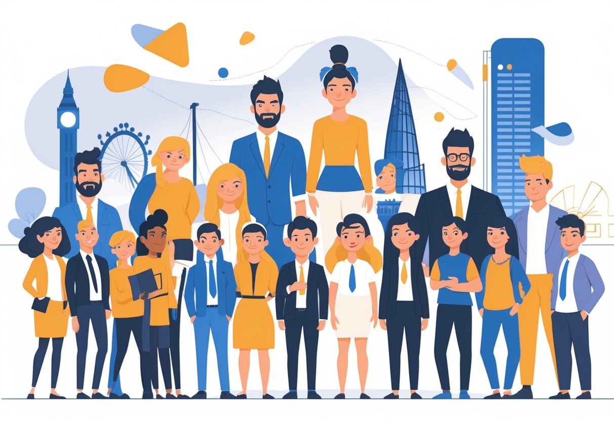 A group of diverse animated characters representing different animation styles for brand identity with subtle UK cultural elements in the background.