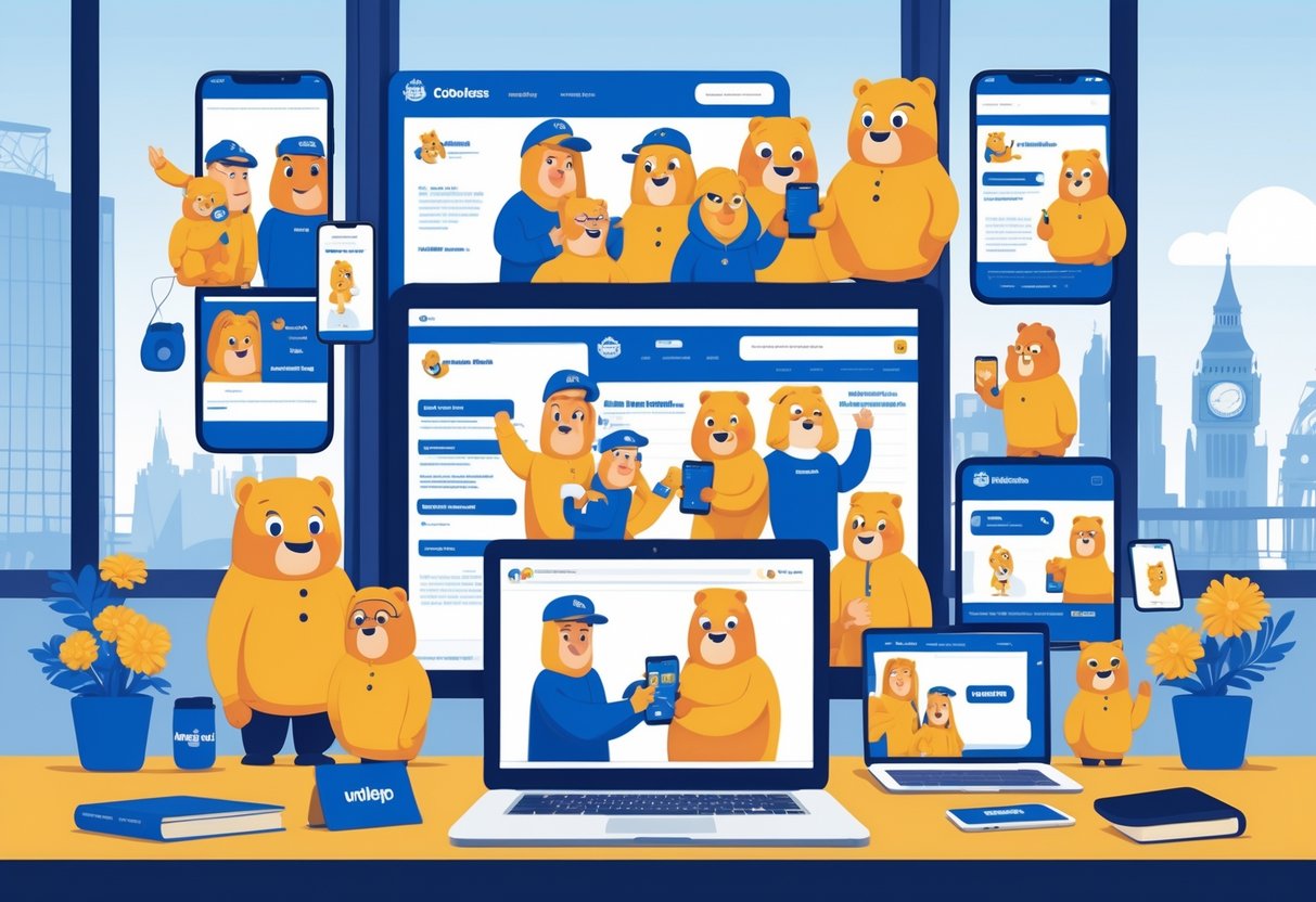 Animated characters appearing on various digital devices, packaging, and storefronts in a modern office with a view of a London skyline.