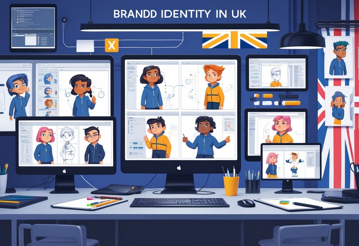 A creative workspace showing animated character designs at different stages of development with animation tools and subtle British cultural elements in the background.