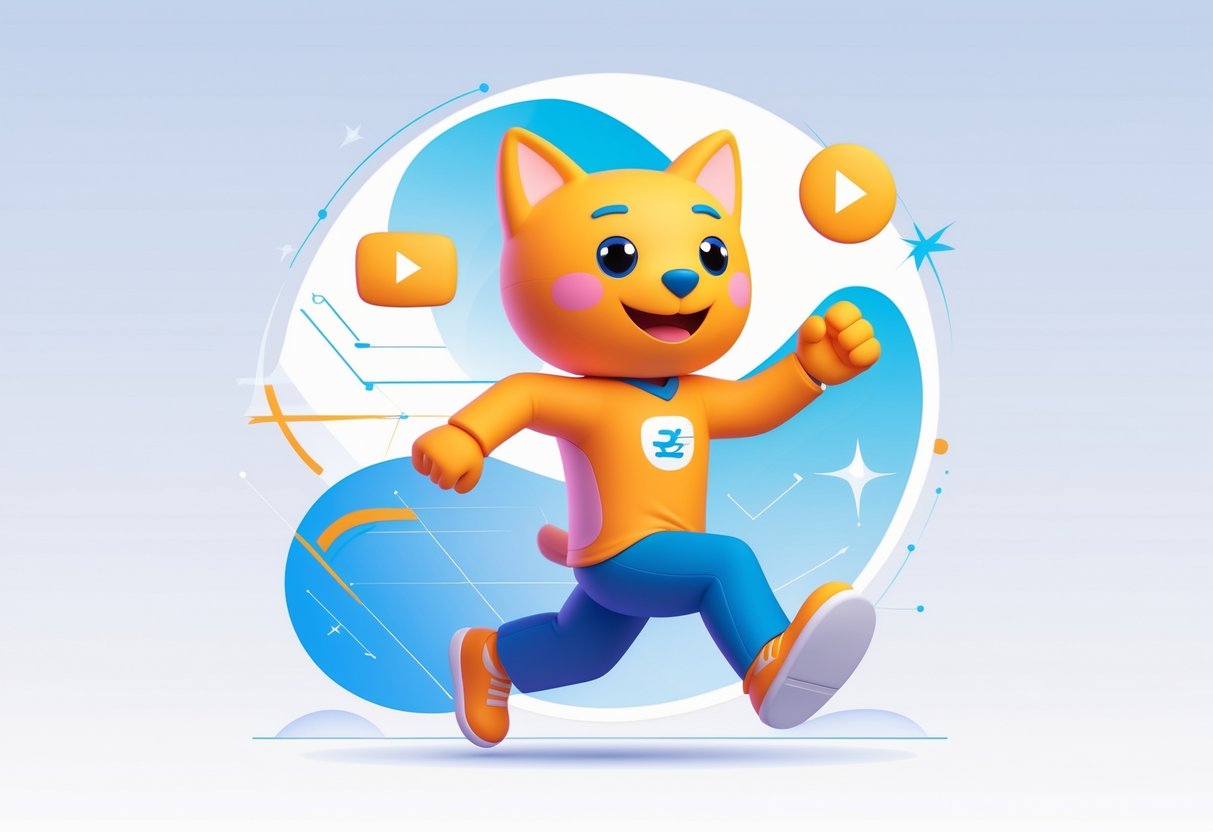 A lively mascot character in motion surrounded by animation elements on a clean background.