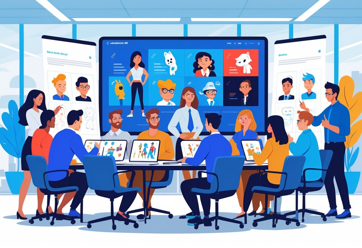 A group of professionals in a modern office discussing and reviewing animated character designs around a table.