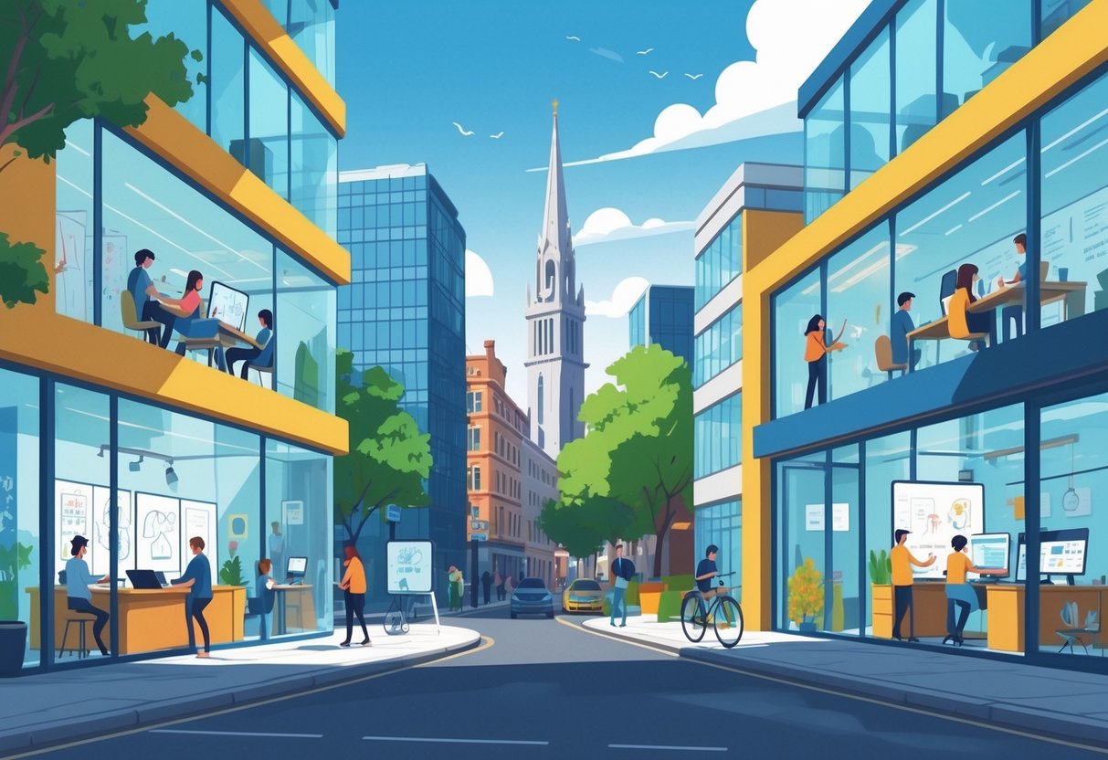 A cityscape of Dublin showing animation studios with people working on animation projects inside and iconic landmarks in the background.