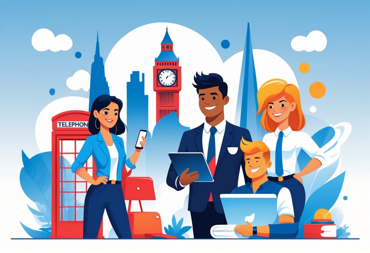 A group of animated characters representing brand identity, standing together with a London skyline and a red telephone box in the background.