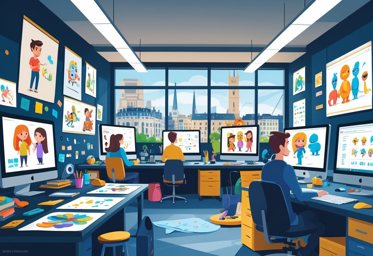 A busy animation studio with artists working on different types of animation including 2D, 3D, stop-motion, and motion graphics, with a view of Dublin city through the windows.