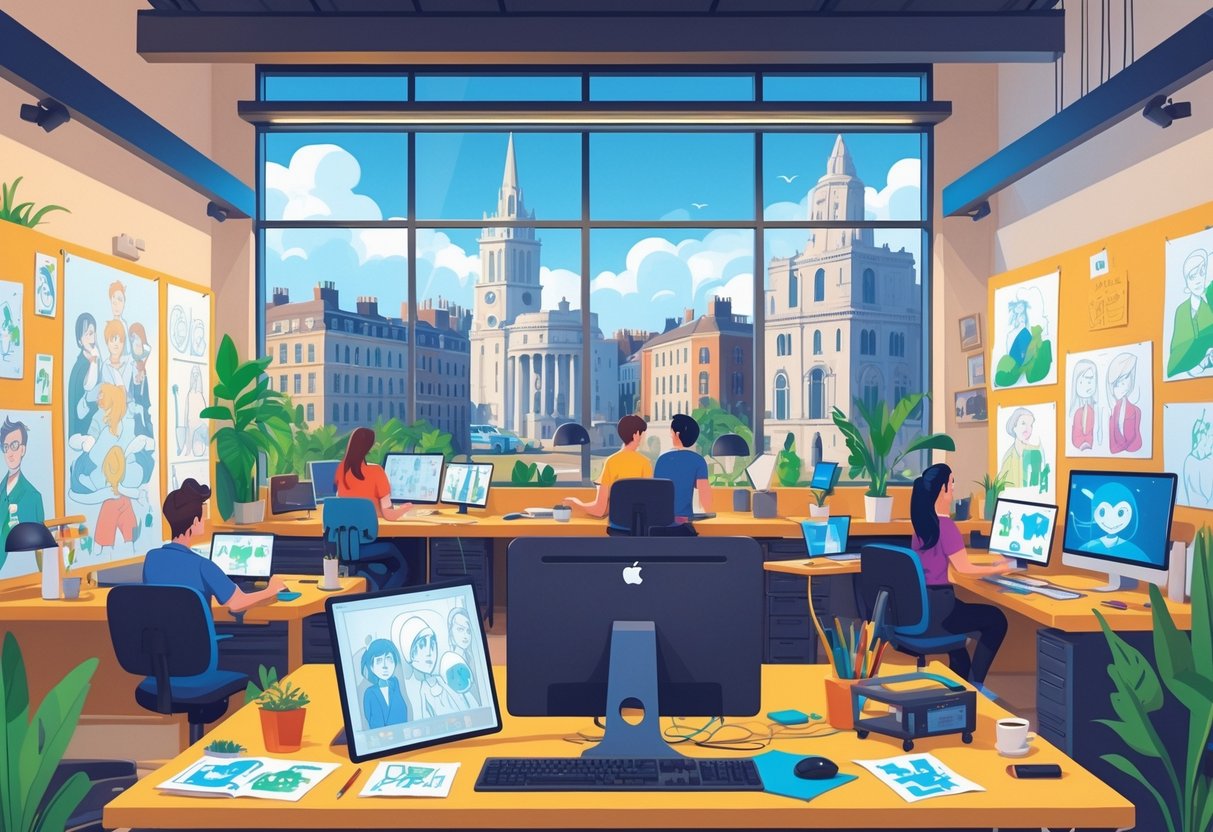 A creative animation studio interior in Dublin with artists working at desks surrounded by animation tools and sketches, and a view of Dublin buildings through large windows.