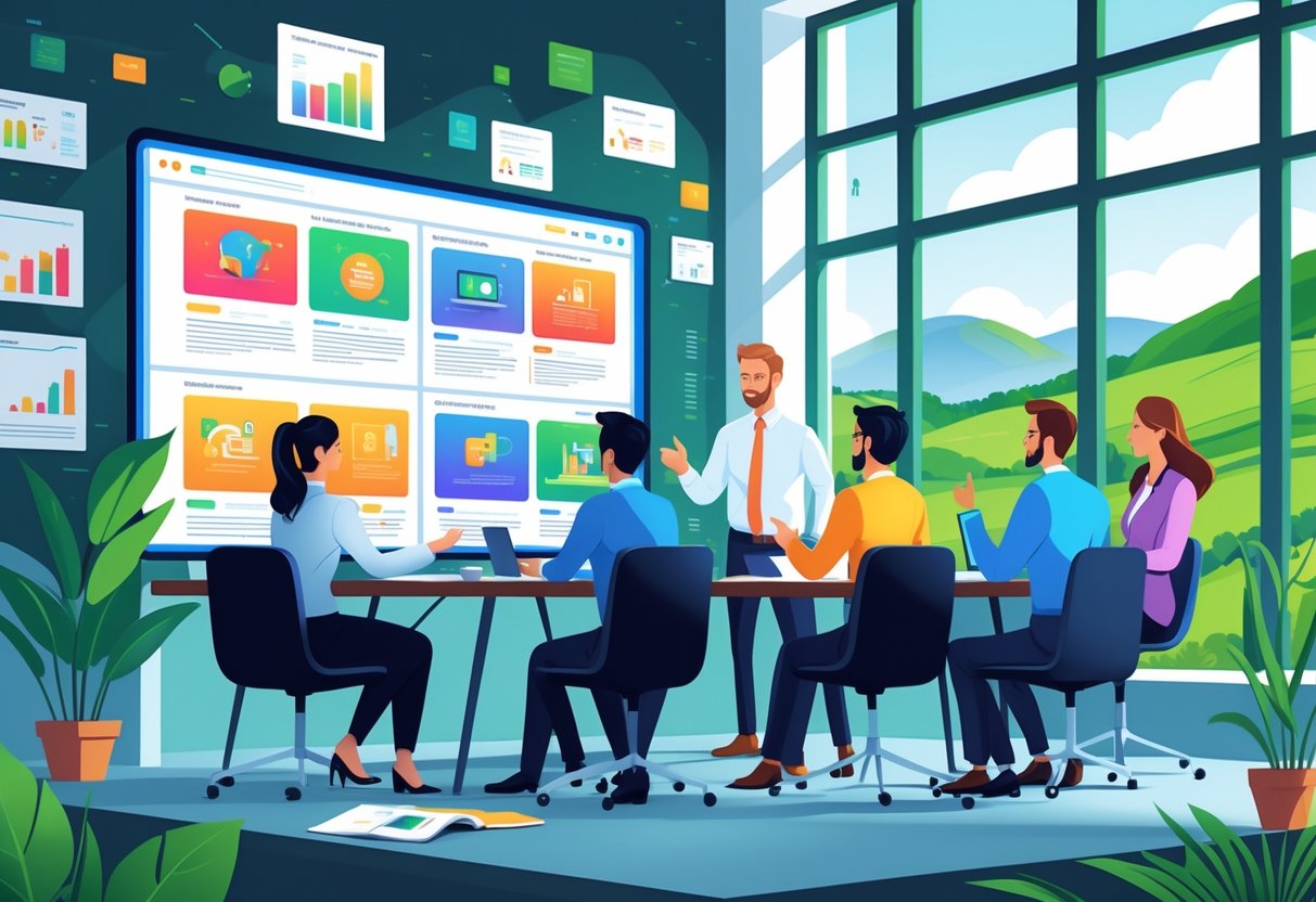 A team of professionals in an office discussing animated video storyboards with a view of Irish countryside through the window.