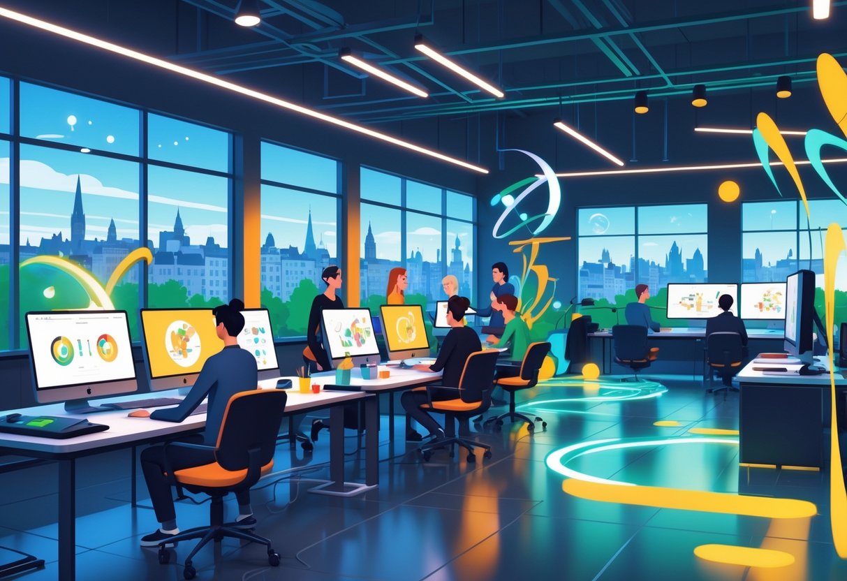 A busy animation studio in Dublin with artists working on computers and digital tools, large windows showing the city skyline, and creative motion design elements around the workspace.