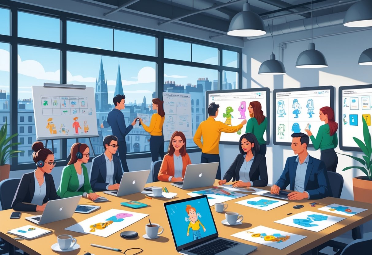 A team of creative professionals working together in an animation studio with digital devices and sketches, overlooking a cityscape of Dublin.