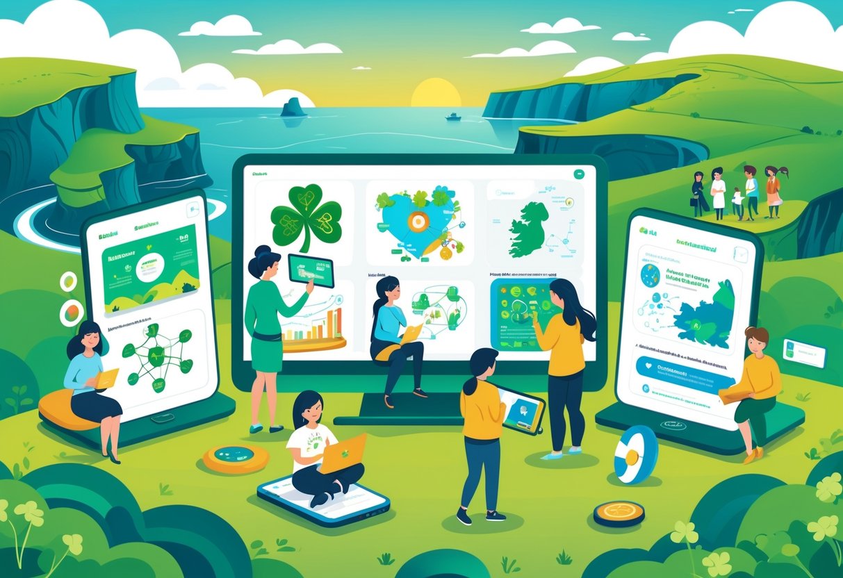 A group of people interacting with various types of educational animations featuring Irish cultural symbols and landscapes.