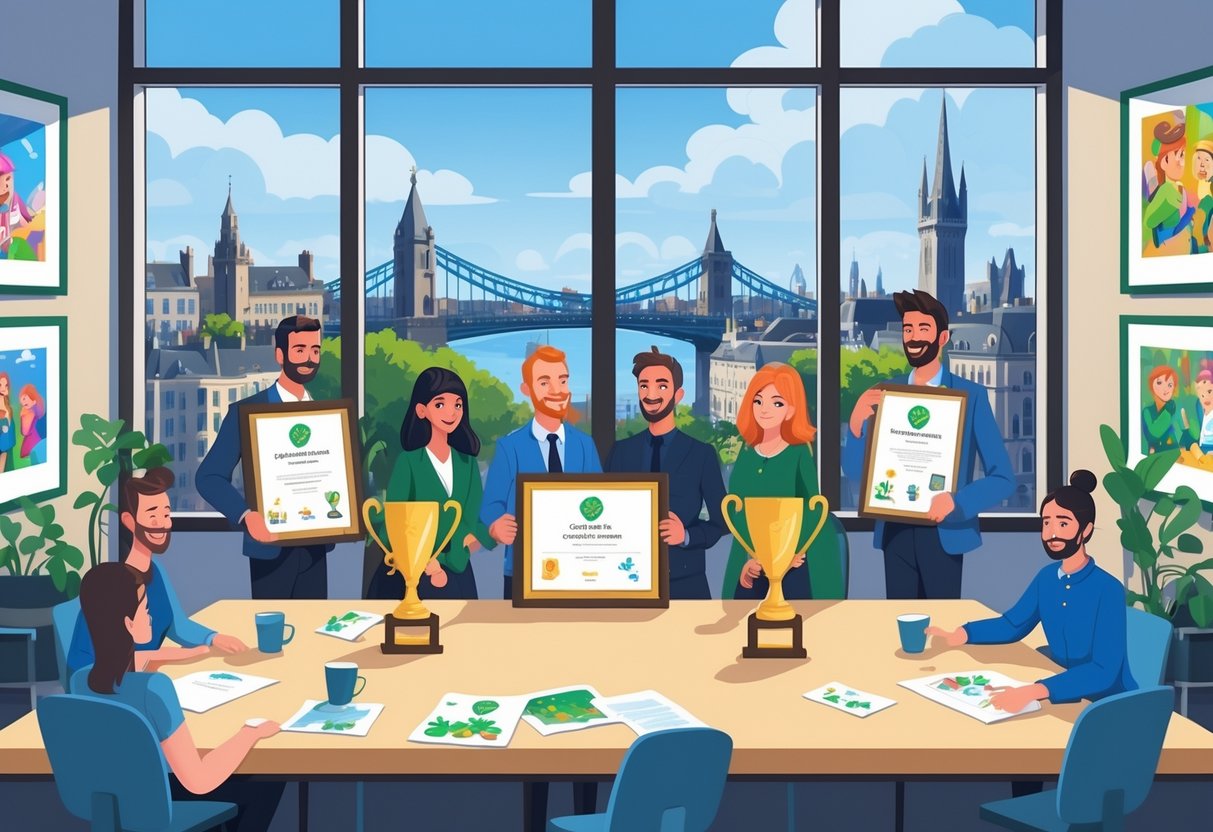 A group of creative professionals in a modern office with Dublin landmarks visible outside, gathered around a table with trophies and animation artwork celebrating their achievements.