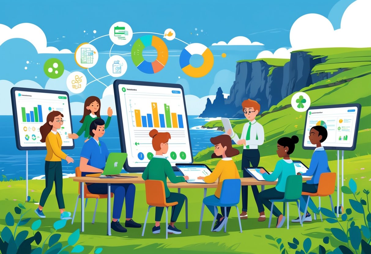 A group of students and teachers using digital learning tools outdoors with Irish landscape in the background.