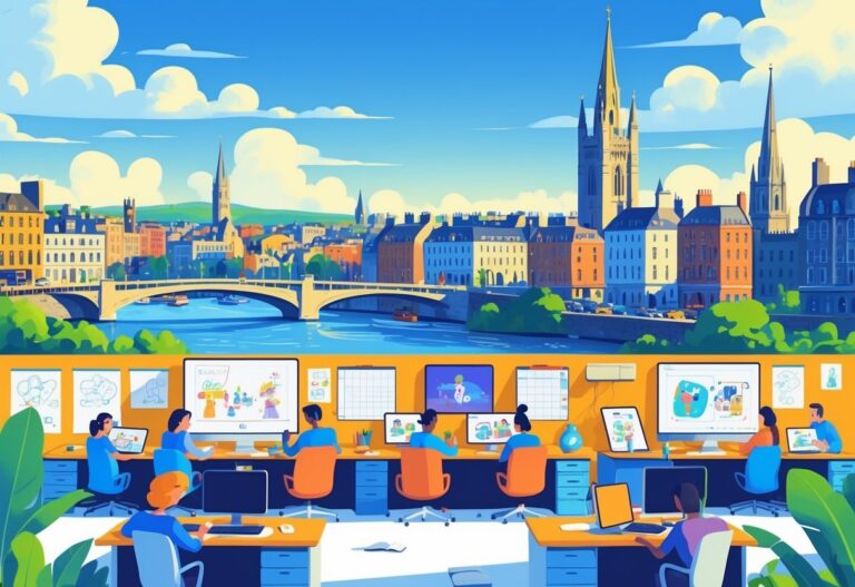 A busy animation studio with people working on 2D animation projects set against a backdrop of Dublin city landmarks.