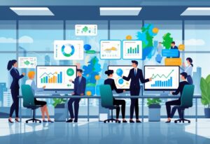 Business professionals collaborating in a modern office with digital screens showing animated charts and graphics, with subtle Irish design elements in the background.