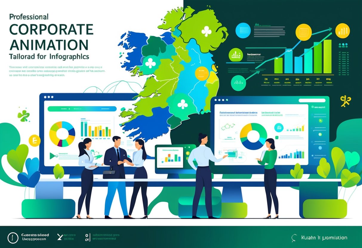 A group of business professionals in an office working together around digital screens showing animated charts and graphs, with subtle Irish design elements in the background.