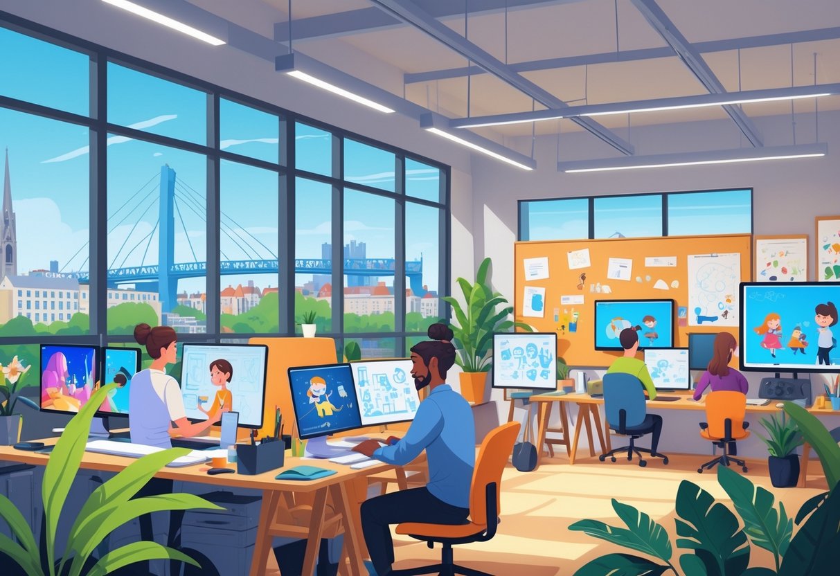 A modern animation studio with artists working on computers and drawing tablets, with a view of Dublin city landmarks through large windows.
