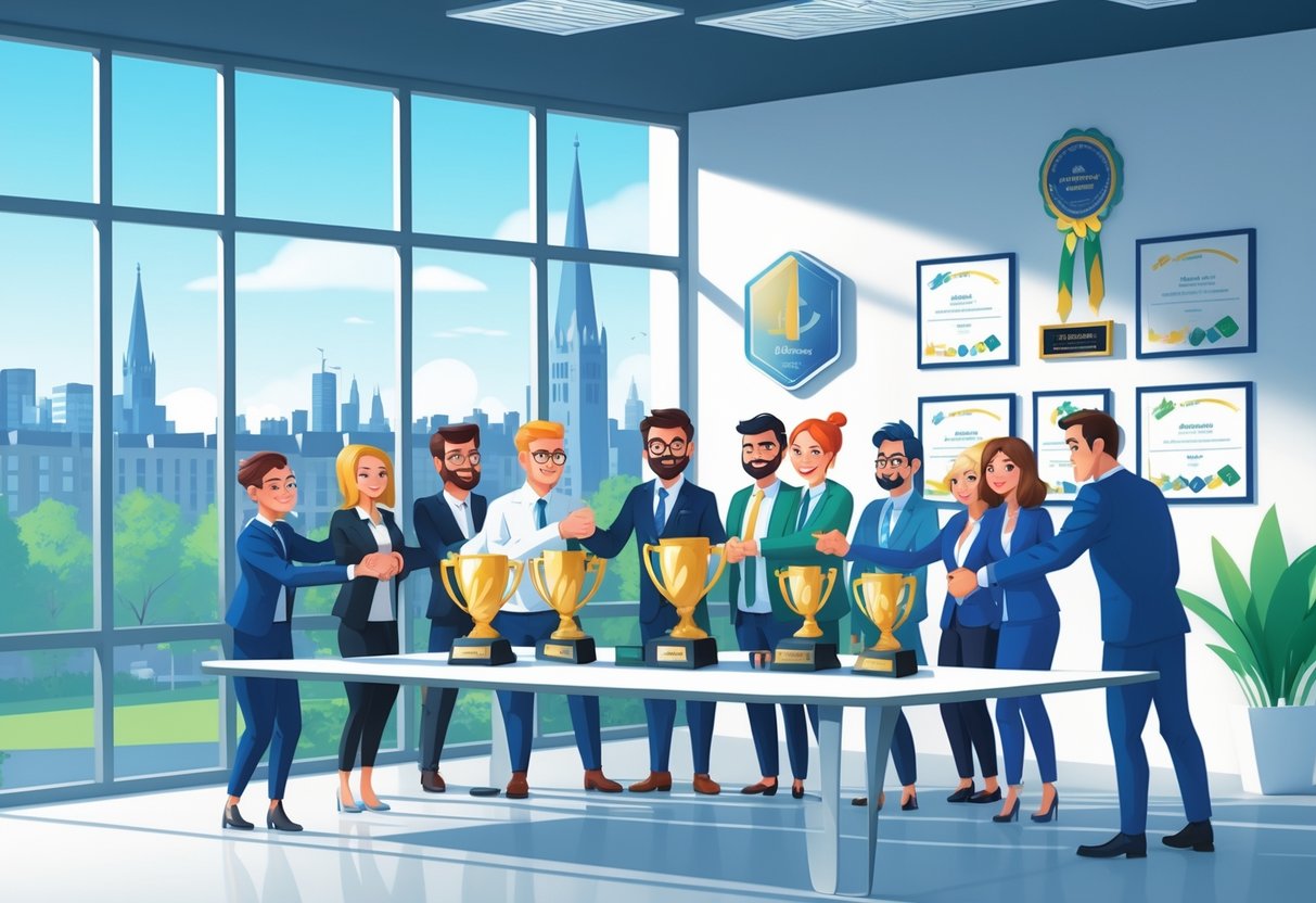 A team in an office celebrating awards and achievements with trophies and certificates, with a view of Dublin landmarks outside the window.