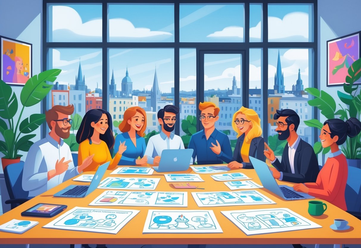 A group of people working together around a table with animation sketches and digital tablets in a bright office overlooking Dublin city.