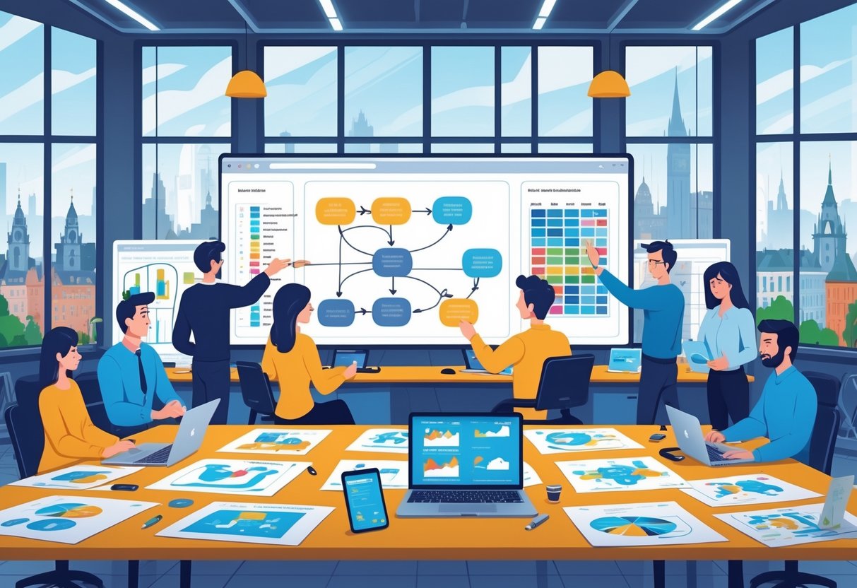 A team of creative professionals collaborating in an animation studio office with a city view of Dublin outside the windows.