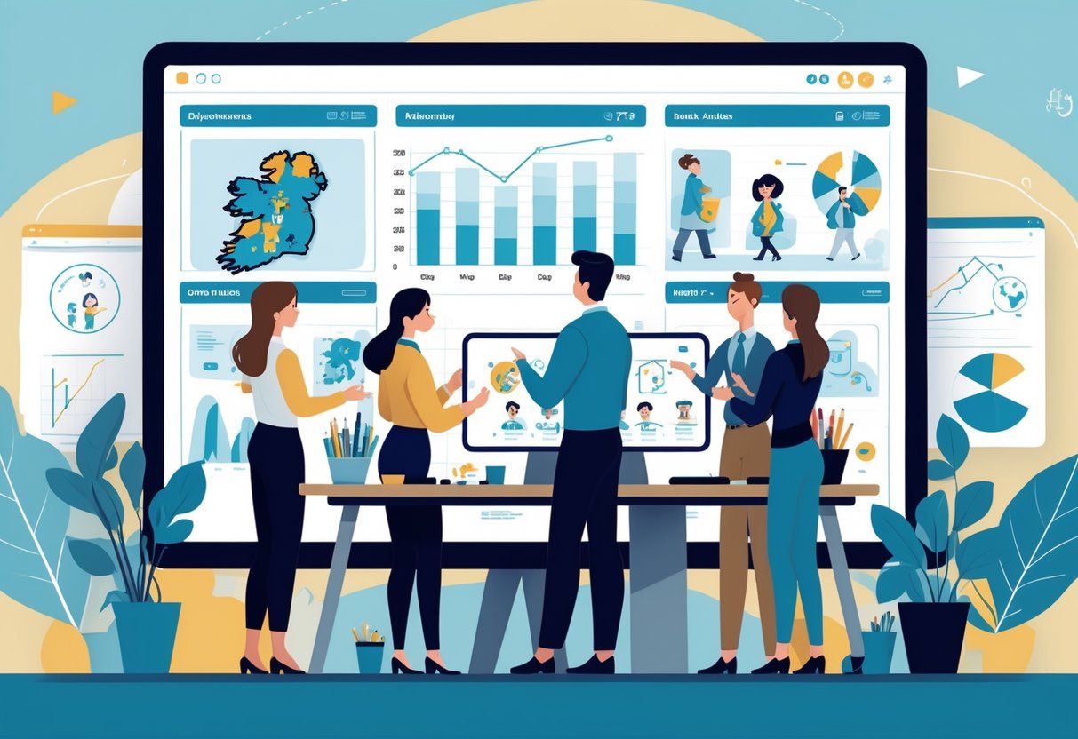 A group of professionals working together in a corporate office with digital screens showing animation content, set in an environment with subtle Irish elements.