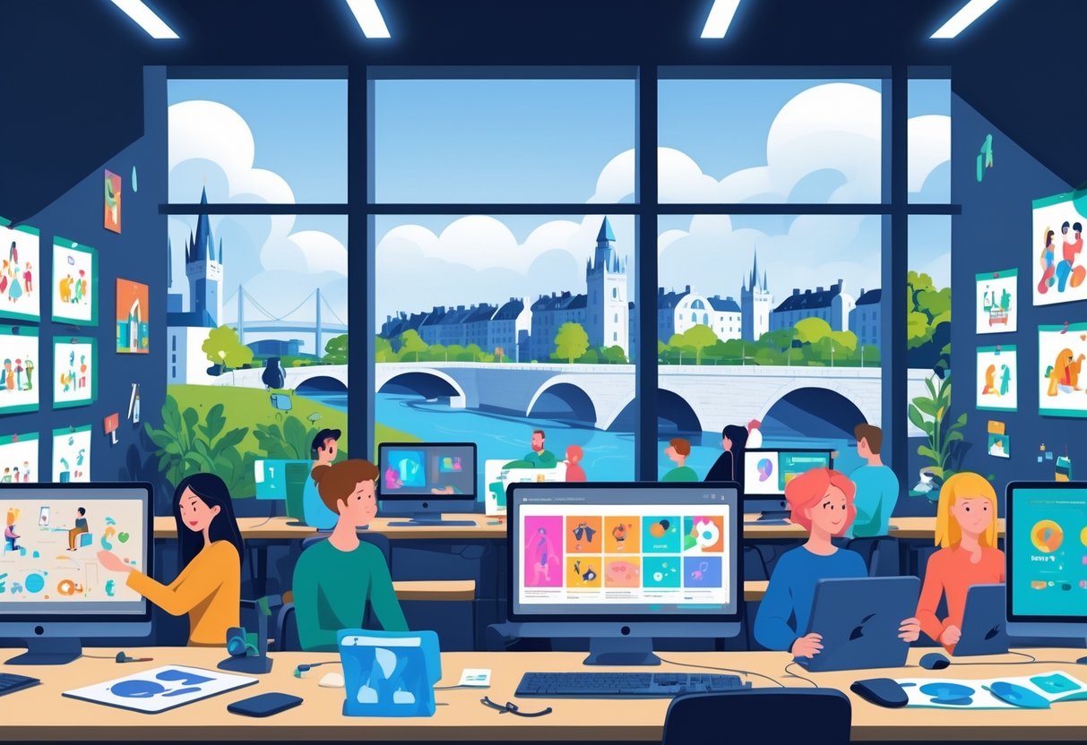 An animation studio in Dublin with people working on animation projects and a view of Dublin landmarks through large windows.