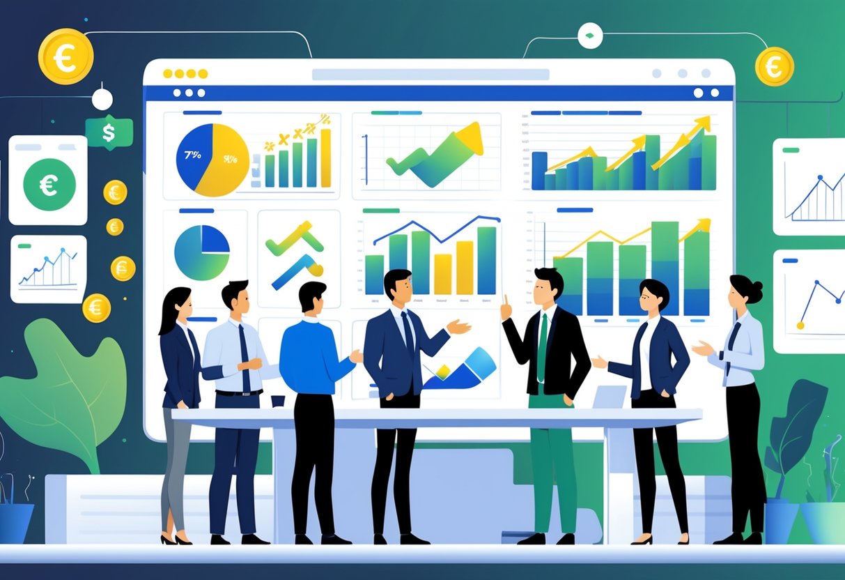 A group of business professionals discussing financial charts and animation concepts in a modern office with subtle Irish elements.