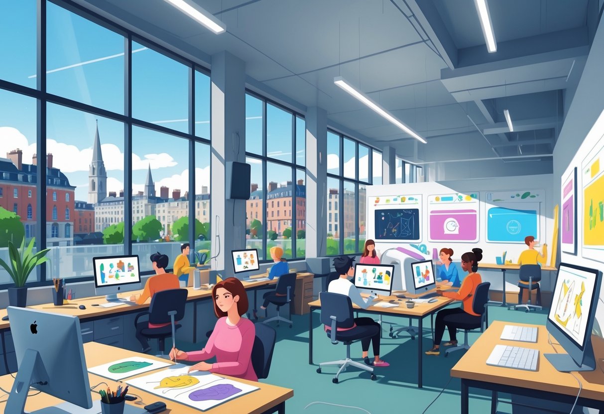A busy animation studio in Dublin with artists working at desks and a view of the city through large windows.