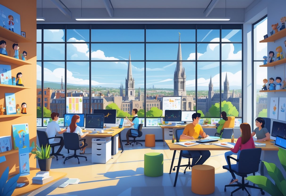 An animation studio in Dublin with artists working at desks and a view of the city skyline through large windows.