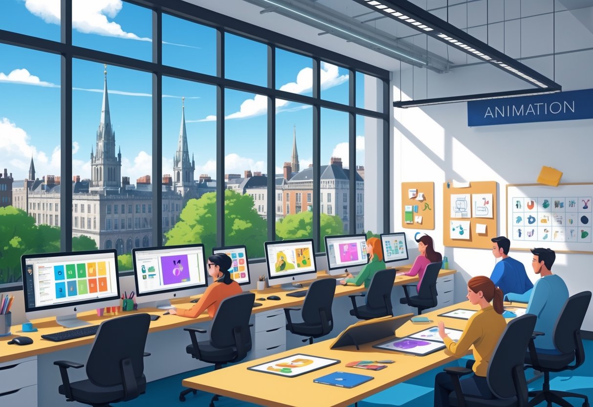 An animation studio office in Dublin with animators working at desks and a city view through large windows.
