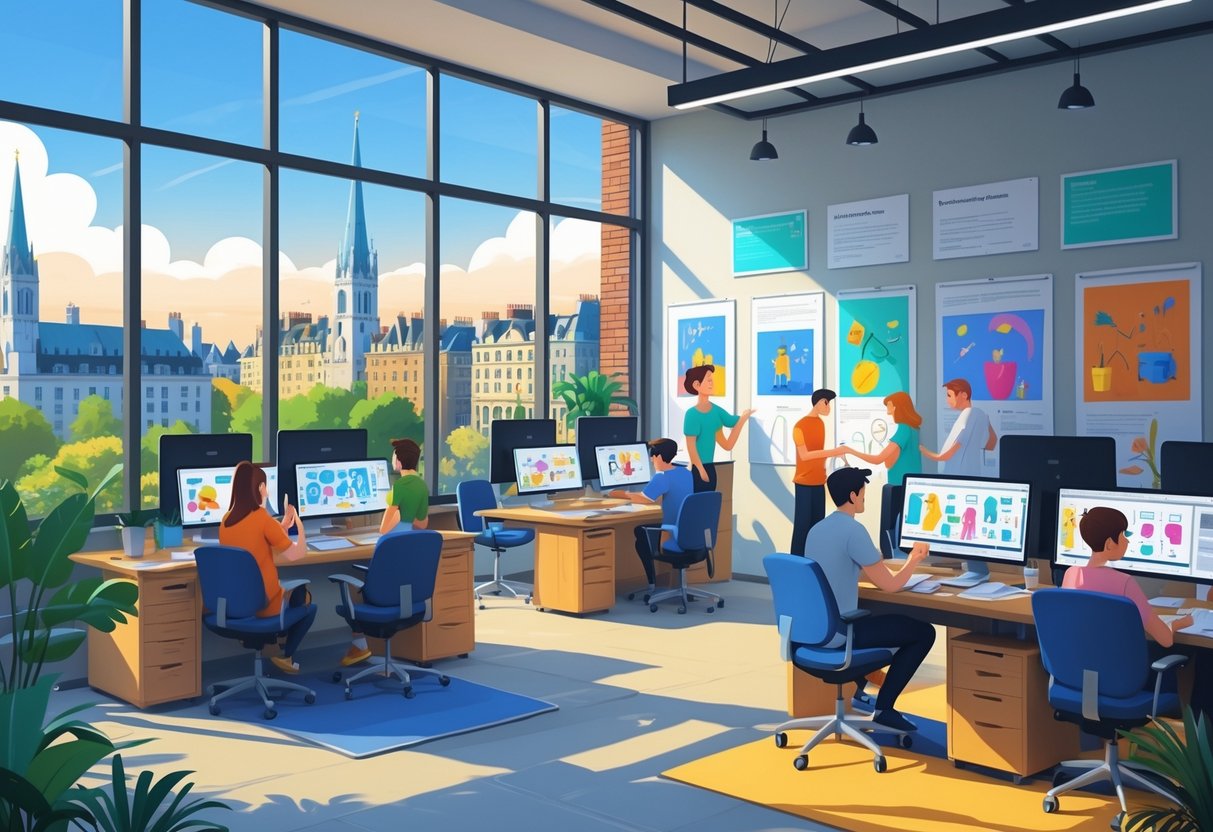 A bright animation studio in Dublin with artists working on digital tablets and computers, large windows showing city landmarks, and a collaborative creative workspace.