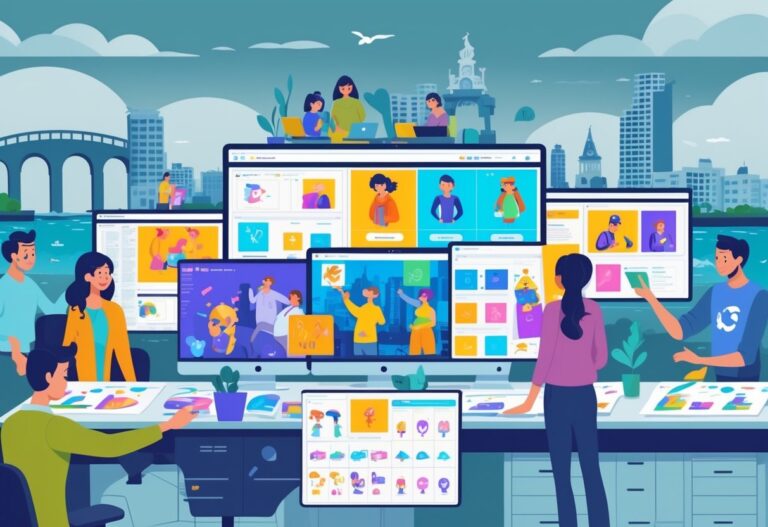 A group of animators working together at computers in a creative office with screens showing animation frames, set against a background featuring Galway landmarks.