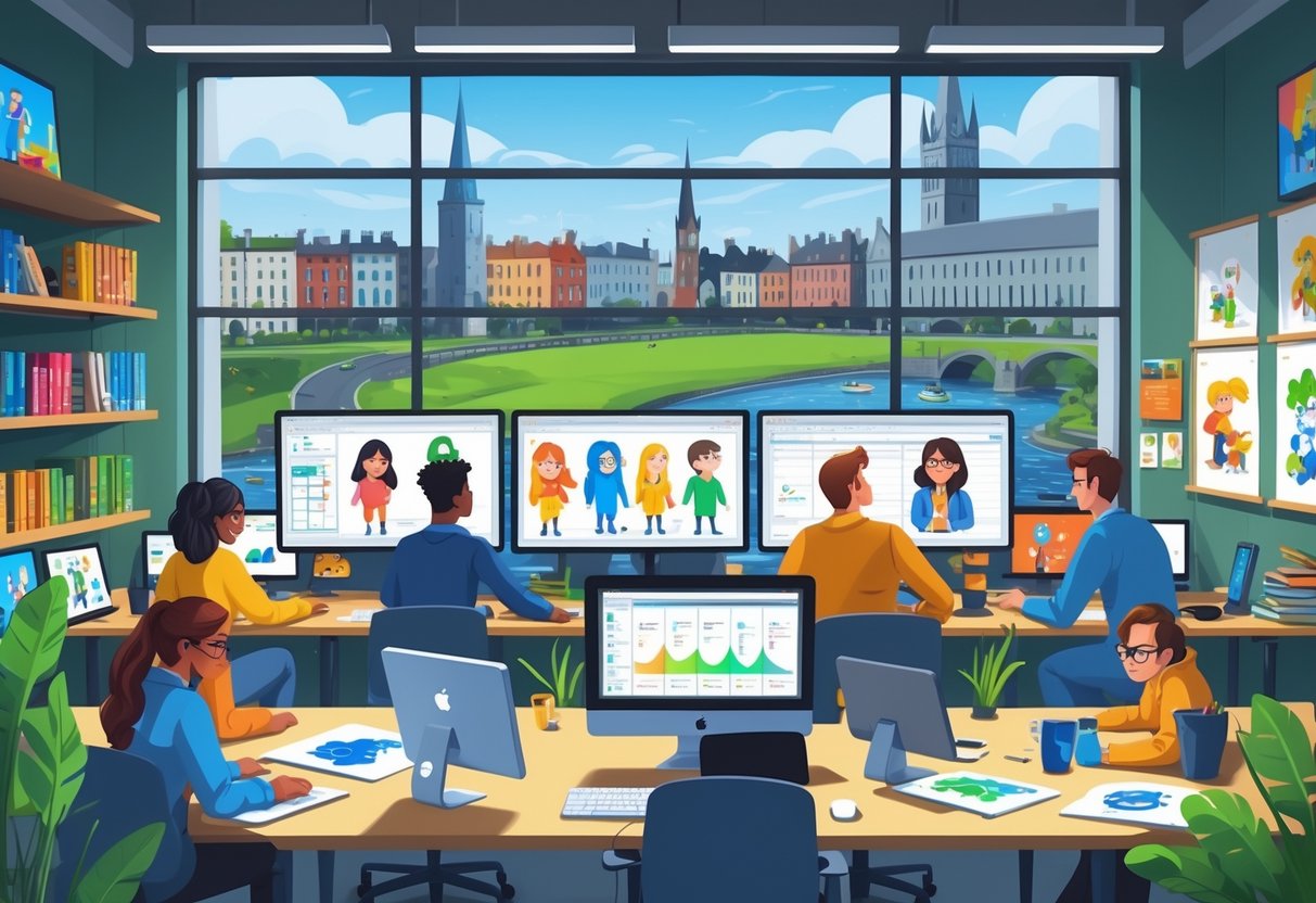 A creative animation studio in Ireland with animators working together at computers, surrounded by animation tools and a view of Dublin landmarks through the windows.