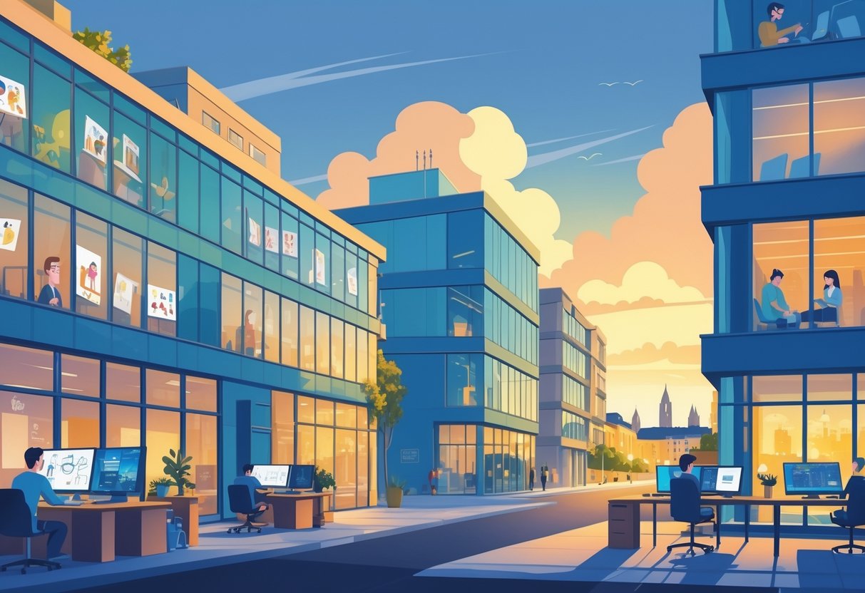 A cityscape of Galway showing office buildings and animators working together in a creative workspace with animation tools and character sketches.