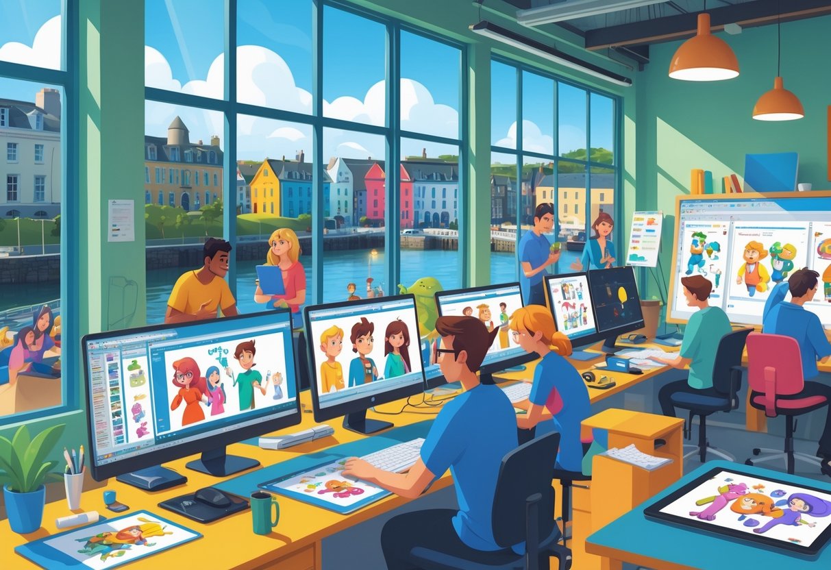 A busy animation studio in Galway with artists working on computers and creative projects, overlooking the city and waterfront.