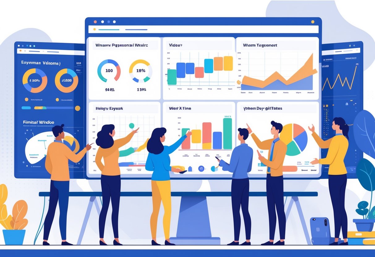 A team of professionals analysing video performance data on large screens in a modern office with subtle Irish elements.